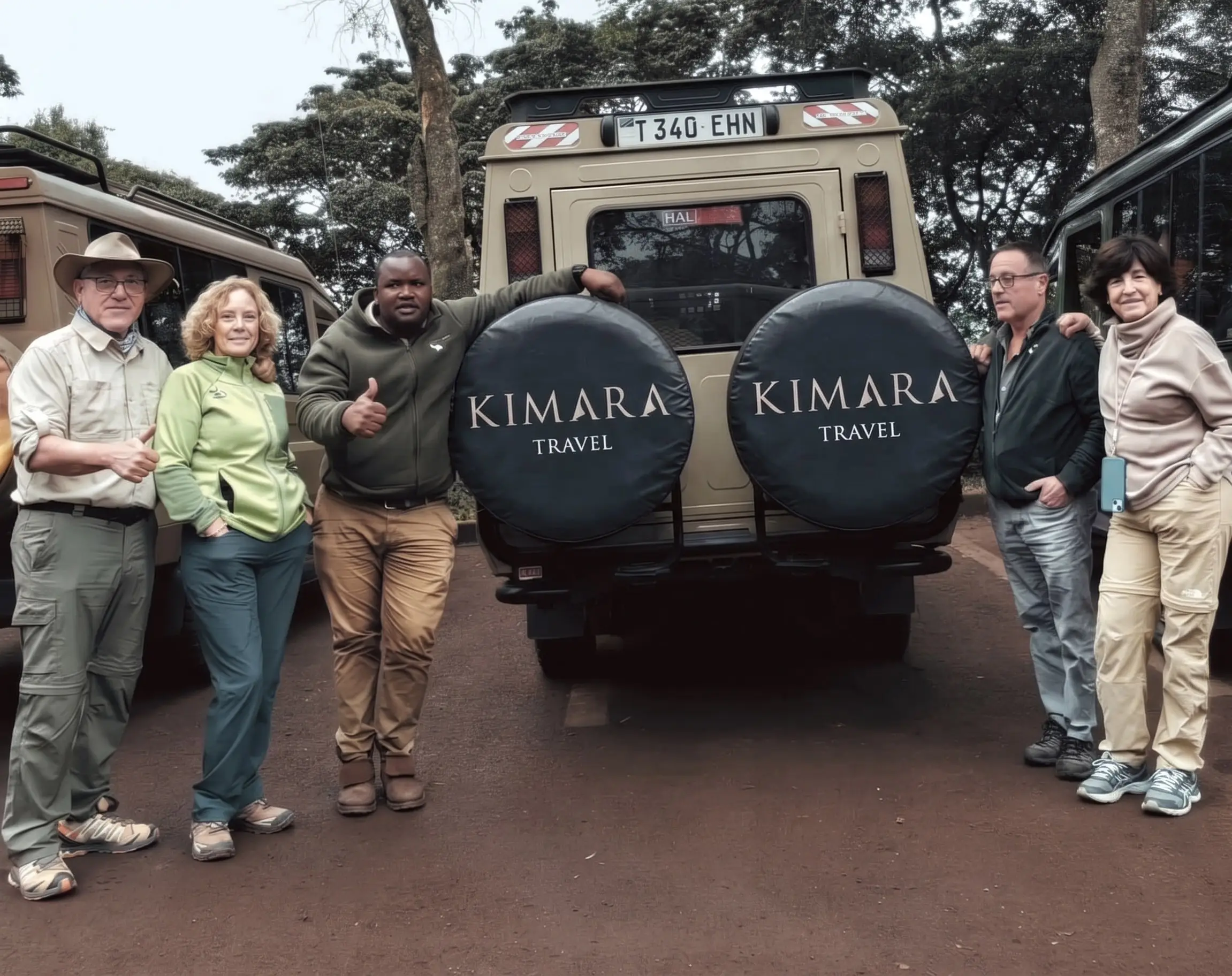 clientes haciendo safari con 4x4 en africa con coche con logo de kimara travel